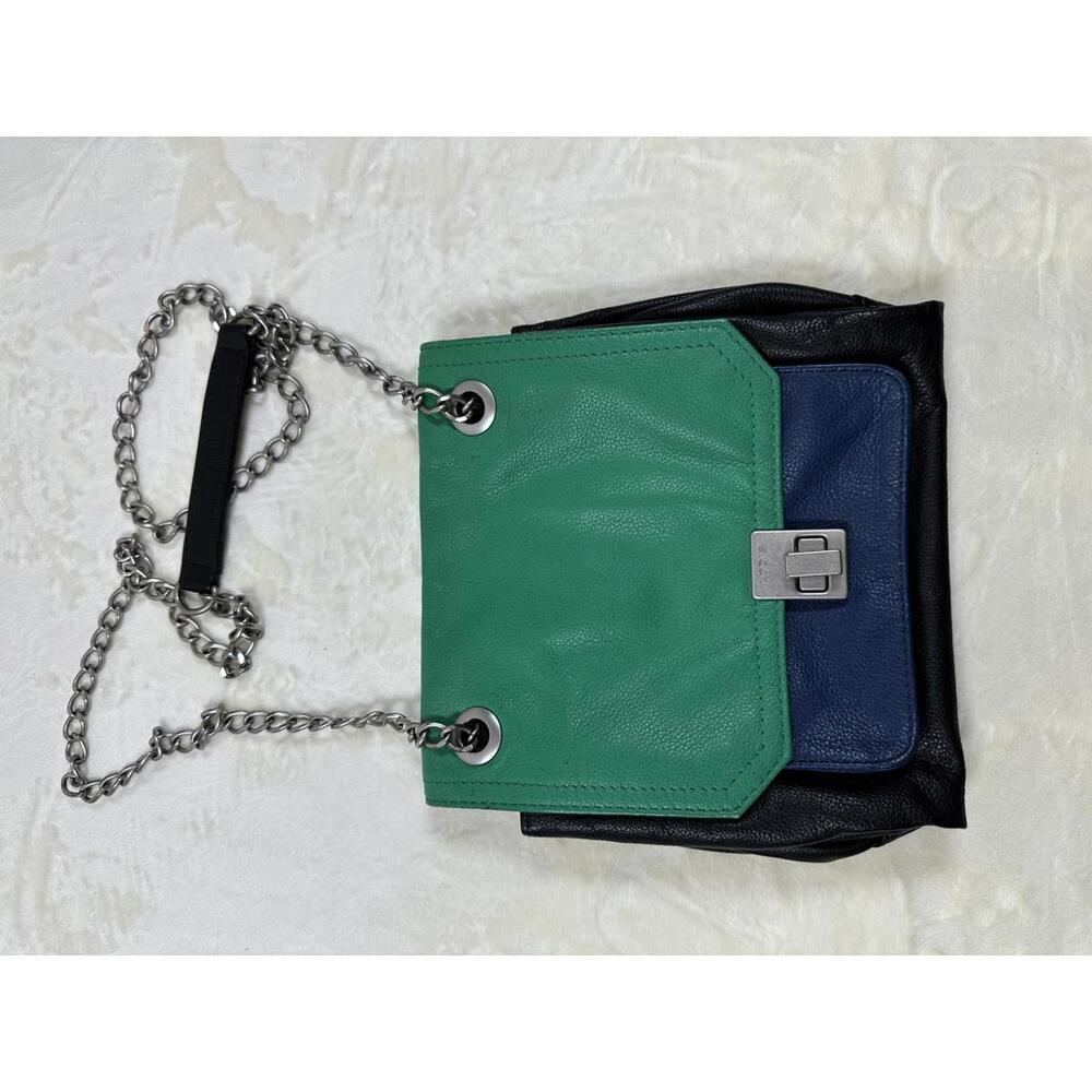Lodis Green Blue Black Leather Colorblock Crossbody Bag With Chain Strap